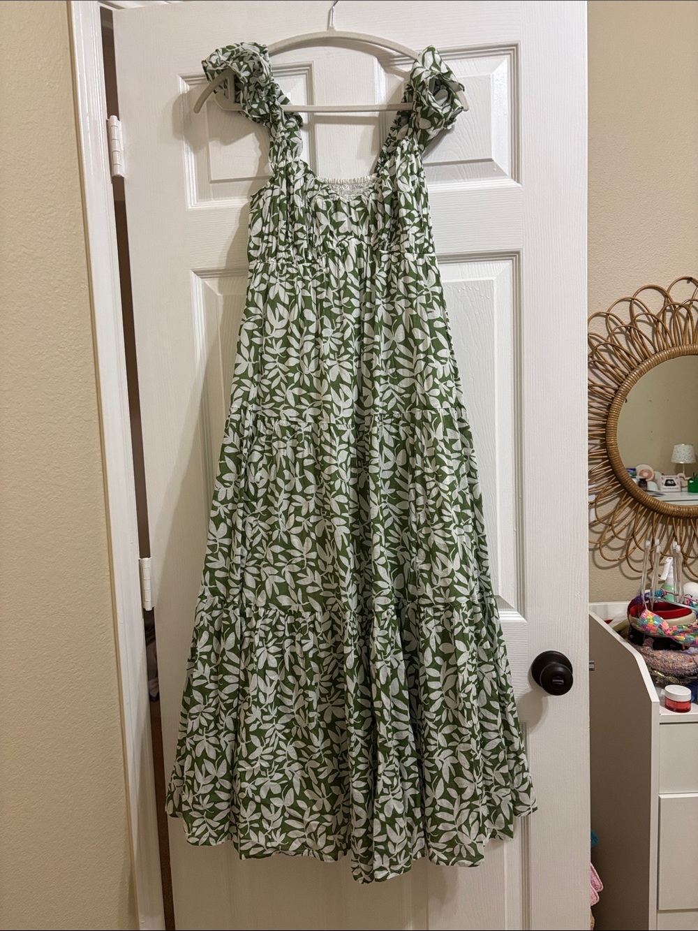 Abercrombie & Fitch Green and White Leaf-Print Tiered Maxi Dress